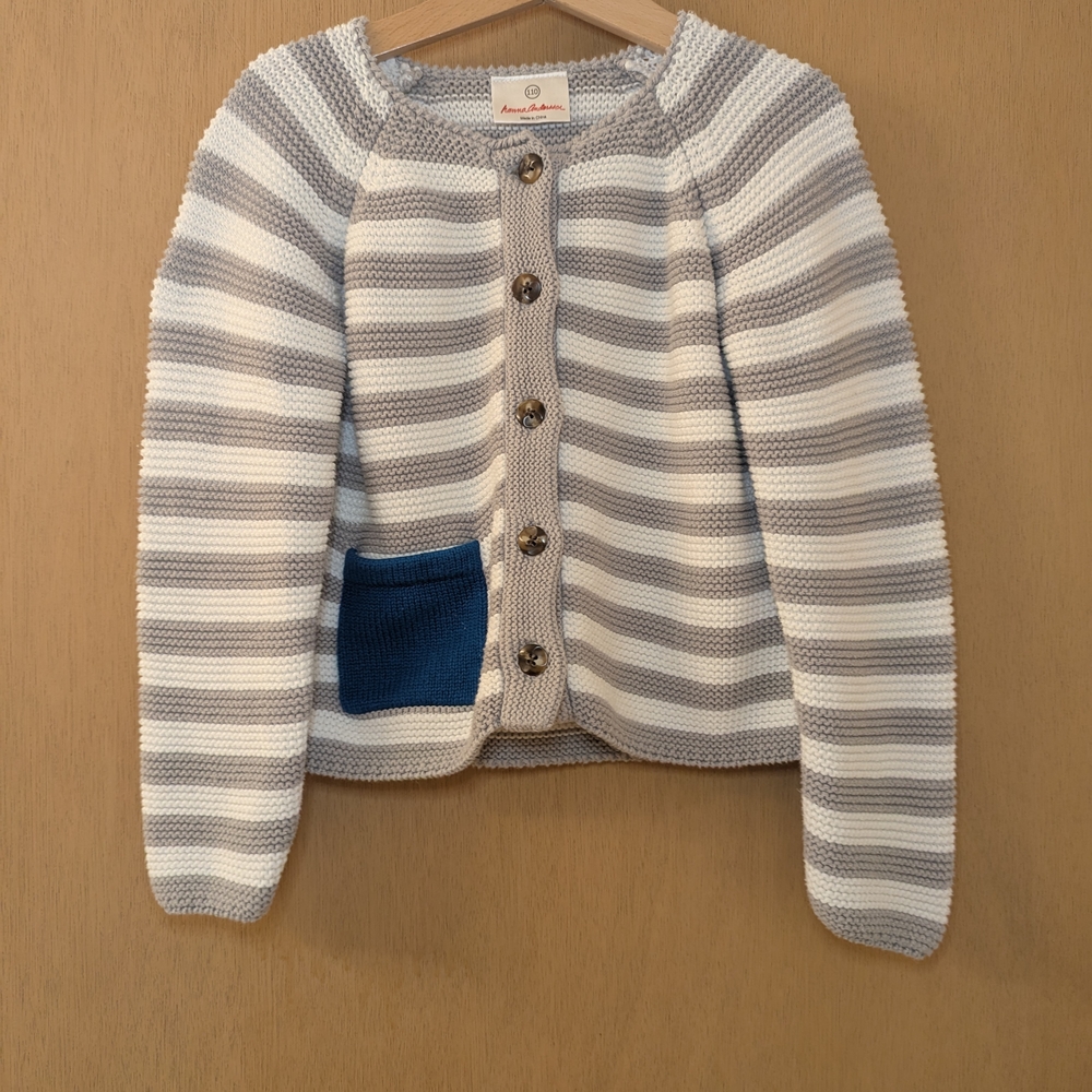 Hanna Andersson Gray and White Striped Knit Cardigan with Blue Pocket